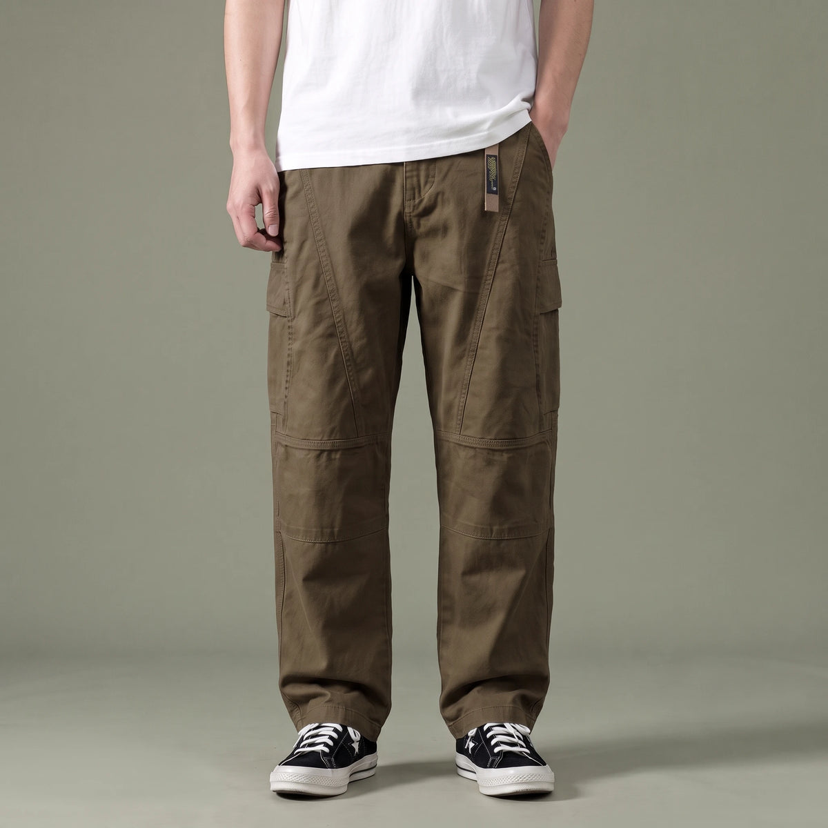 Tate Field Cargo Pant in brown, men's loose straight-leg cargo pants with flap pockets, front view