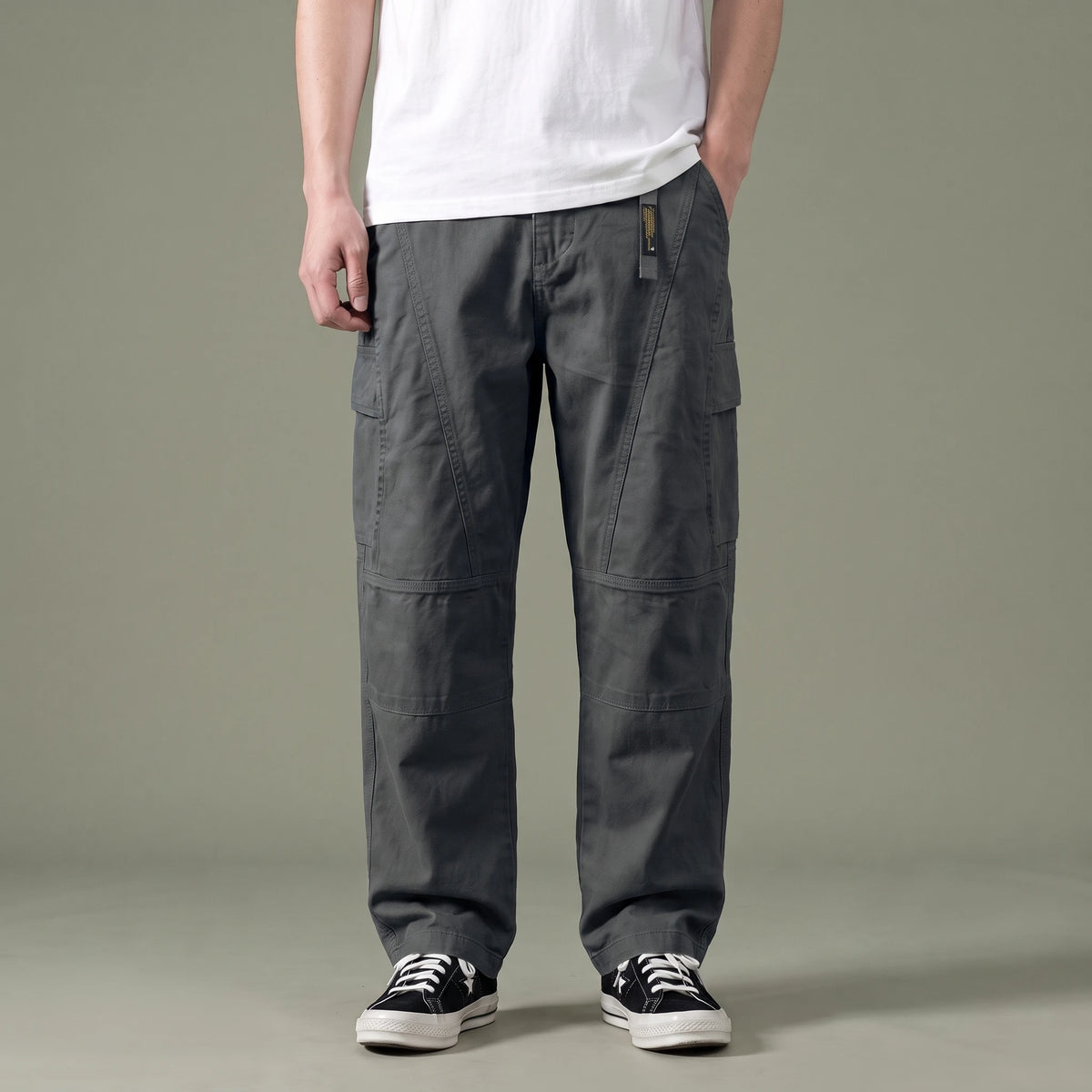 Tate Field Cargo Pant in gray, men's loose straight-leg cargo pants with flap pockets, front view