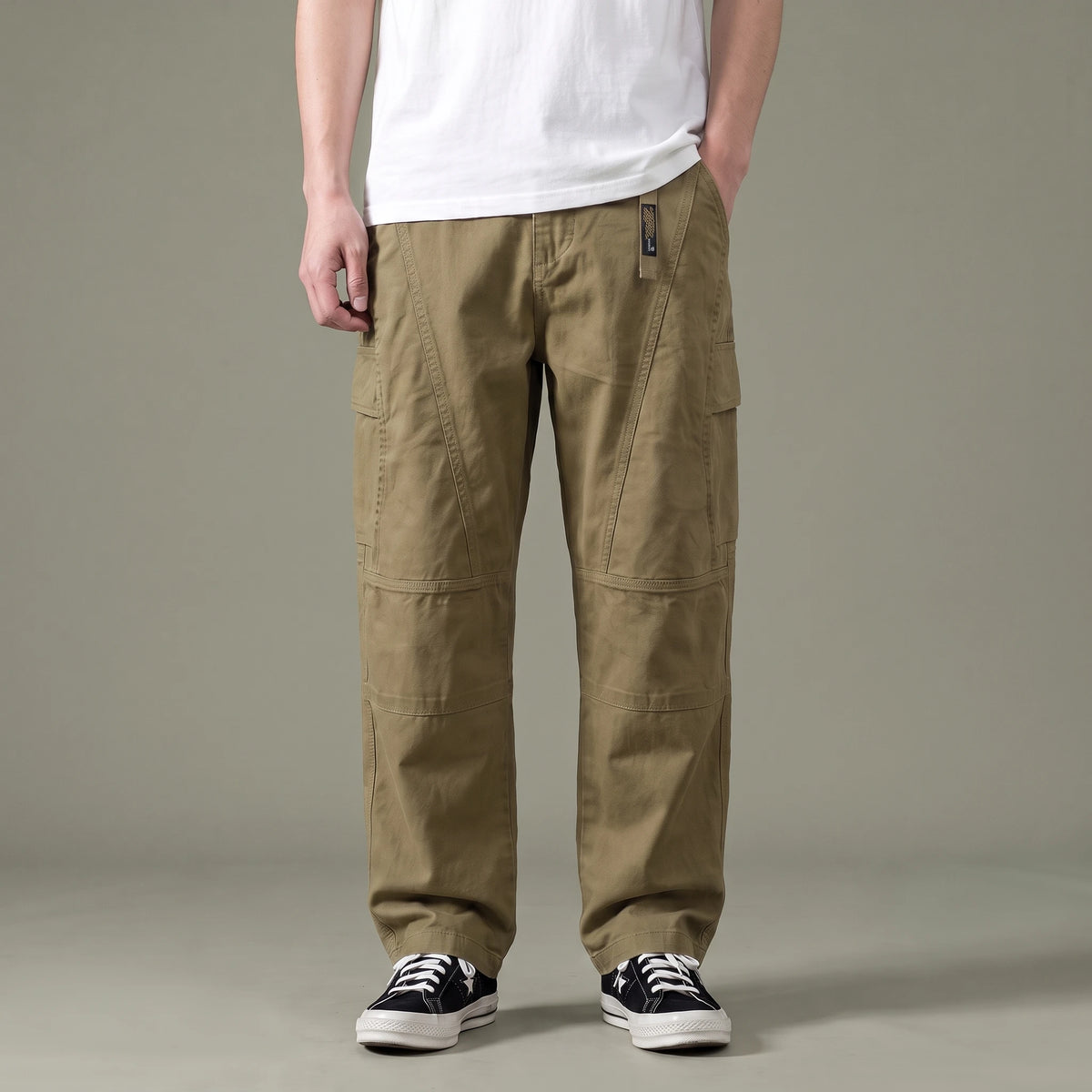 Tate Field Cargo Pant in khaki, men's loose straight-leg cargo pants with flap pockets, front view
