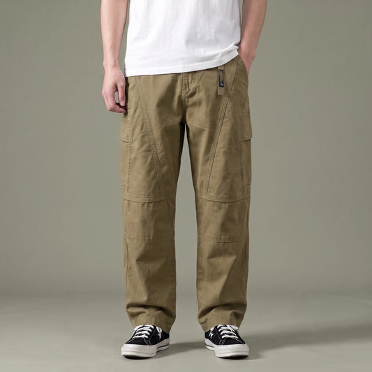 Tate Field Cargo Pant in khaki, men's loose straight-leg cargo pants with flap pockets, front view