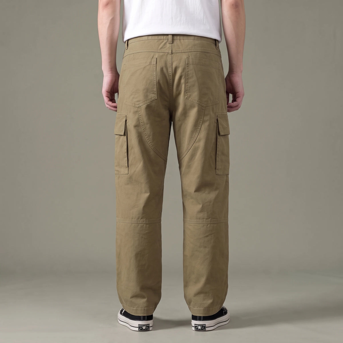 Tate Field Cargo Pant in khaki, men's loose straight-leg cargo pants with flap pockets, back view