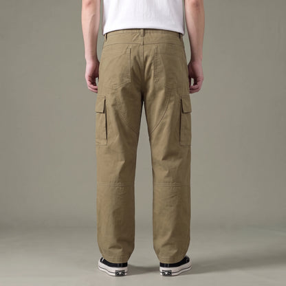 Tate Field Cargo Pant in khaki, men's loose straight-leg cargo pants with flap pockets, back view