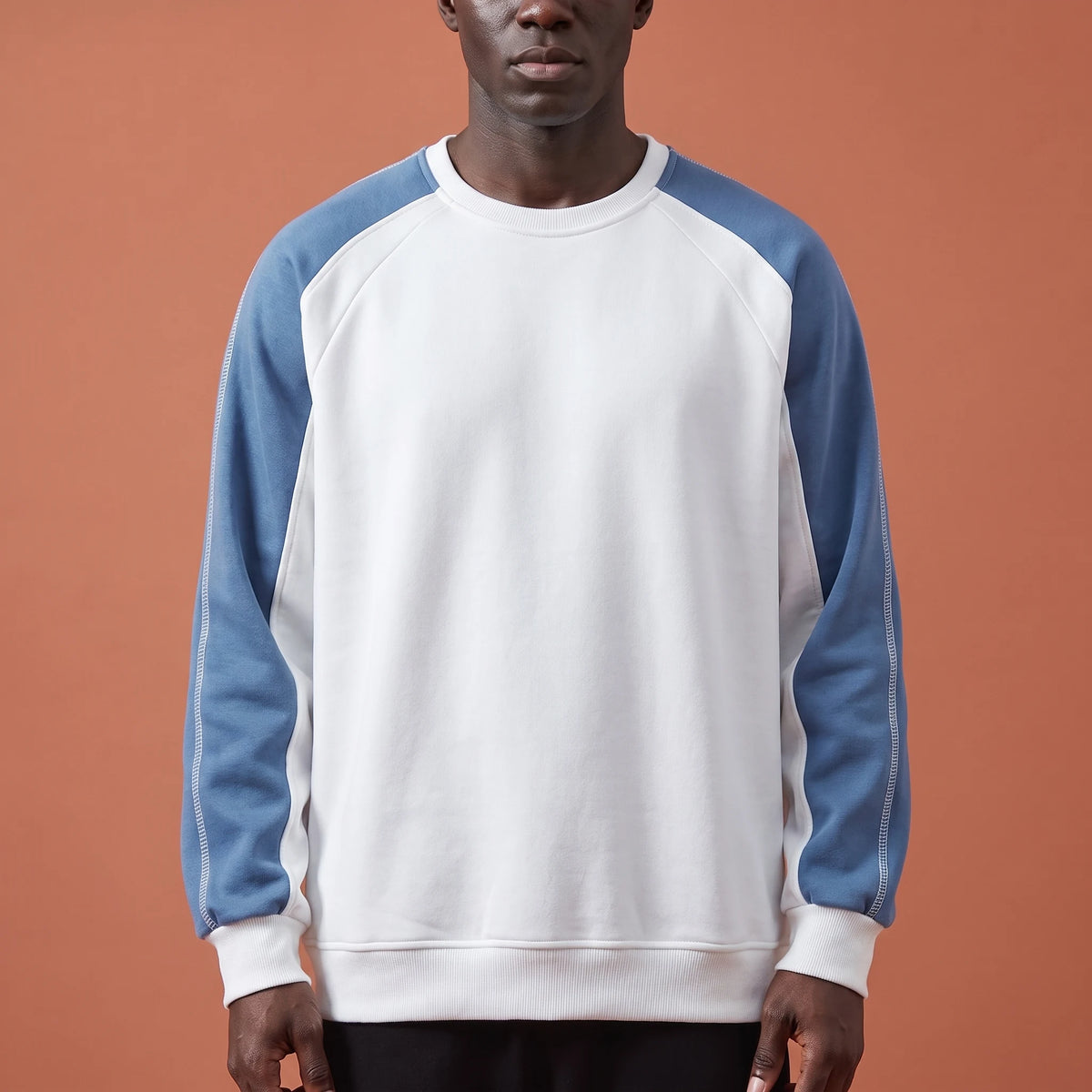 Tavish Stitch Crewneck in white, men's raglan crewneck sweatshirt with blue contrast sleeves