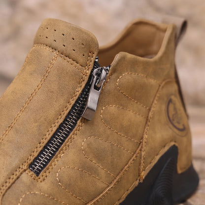 Thorne Stitched Boot tan, close-up of the side zip and stitched panels