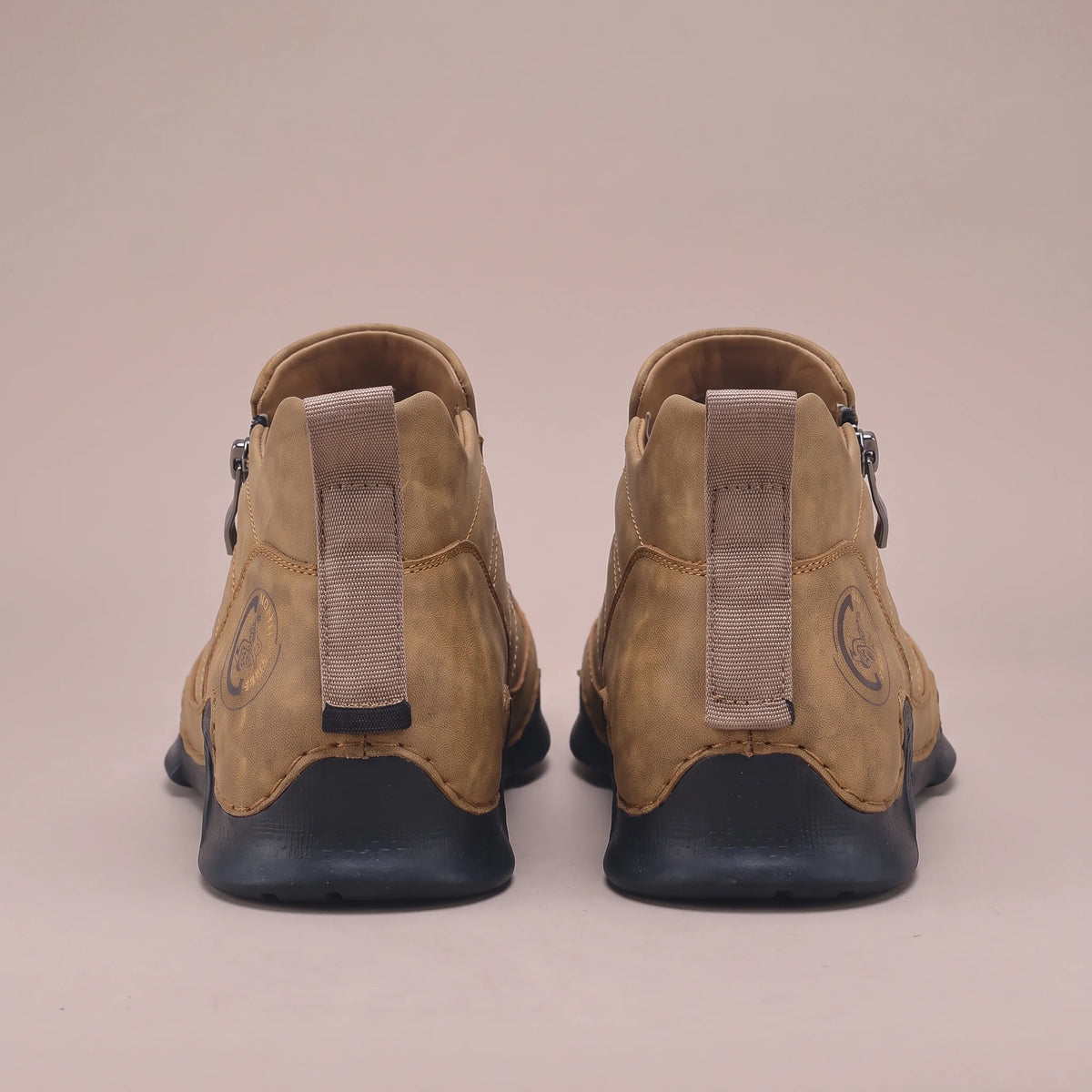 Thorne Stitched Boot tan, pair shown from behind with heel pull tabs
