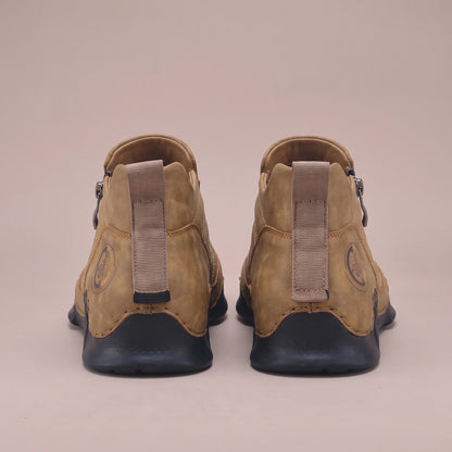 Thorne Stitched Boot tan, pair shown from behind with heel pull tabs