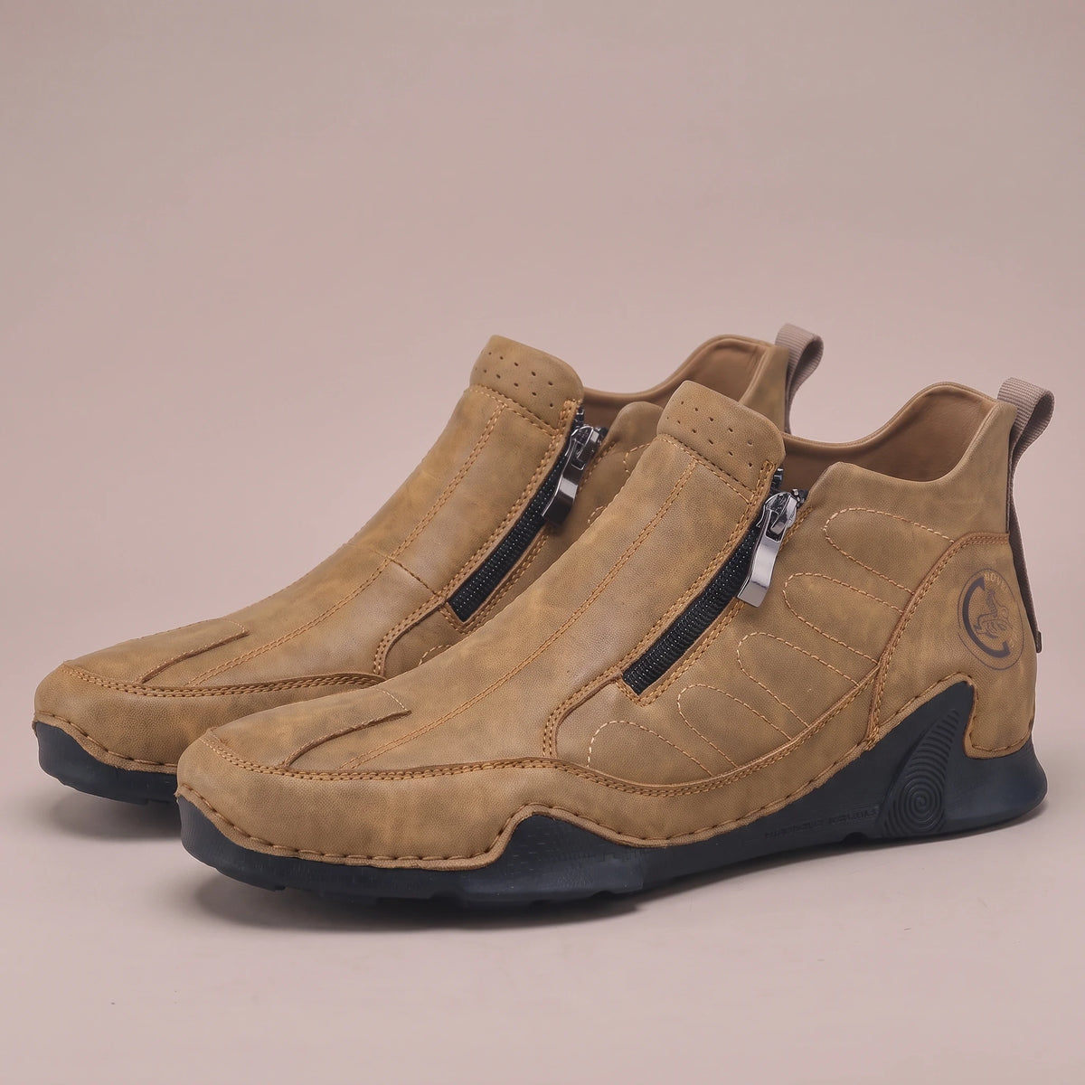 Thorne Stitched Boot tan, pair shown from above at a three-quarter angle
