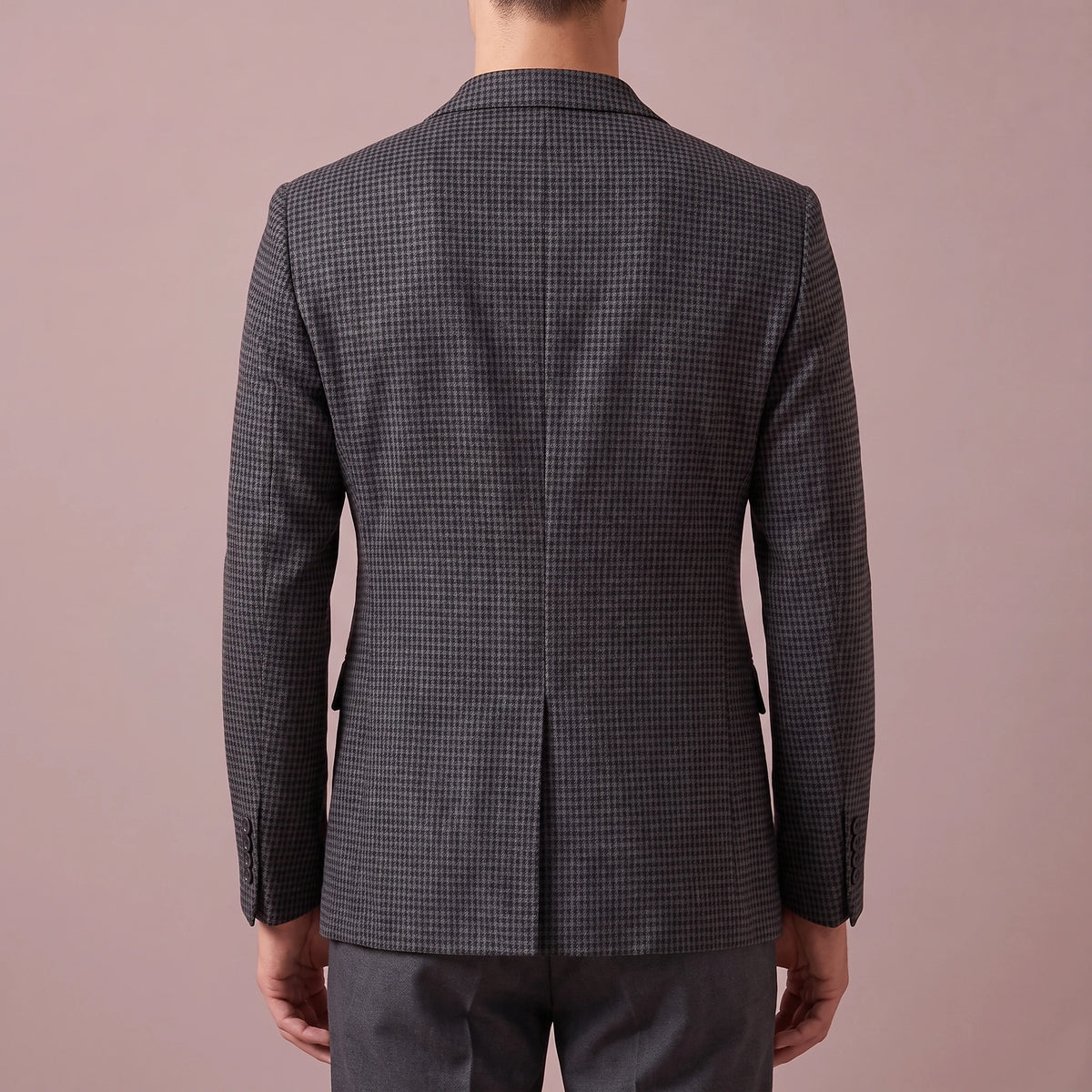 Thornton Check Blazer in dark grey, men's one-button houndstooth blazer with notch lapels, back view