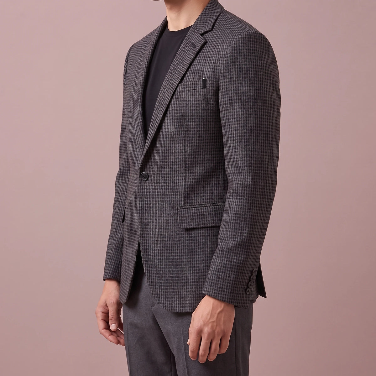 Thornton Check Blazer in dark grey, men's one-button houndstooth blazer with notch lapels, side view