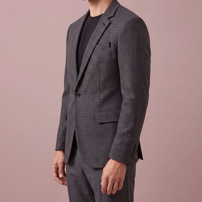 Thornton Check Blazer in dark grey, men's one-button houndstooth blazer with notch lapels, side view