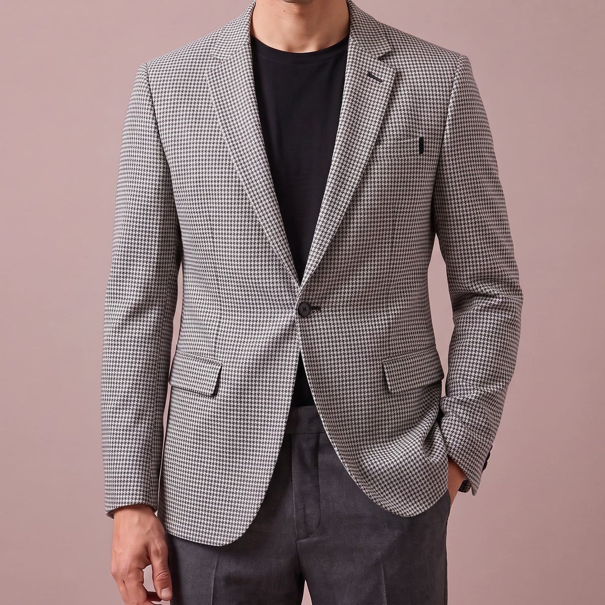 Thornton Check Blazer in light grey, men's one-button houndstooth blazer with notch lapels, front view