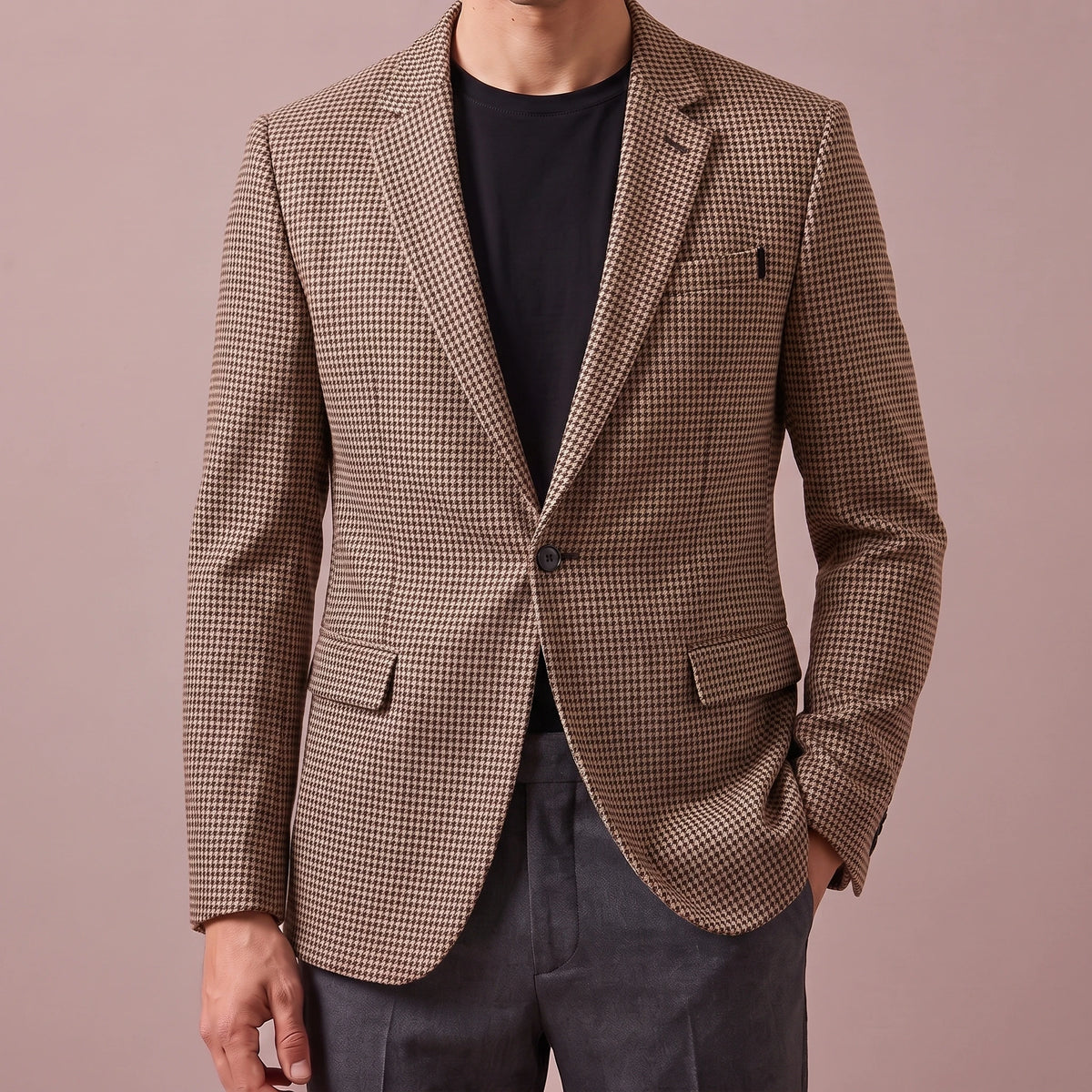 Thornton Check Blazer in tan, men's one-button houndstooth blazer with notch lapels, front view