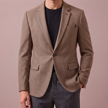 Thornton Check Blazer in tan, men's one-button houndstooth blazer with notch lapels, front view