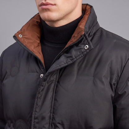 Torvald Down Jacket close-up of stand collar, rust-brown lining, zip and snap placket