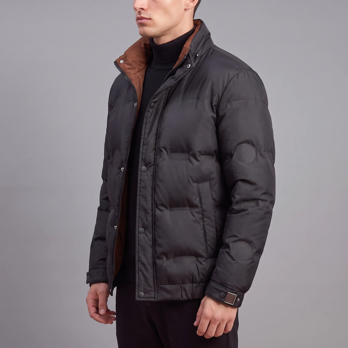 Torvald Down Jacket black down puffer, side view on model