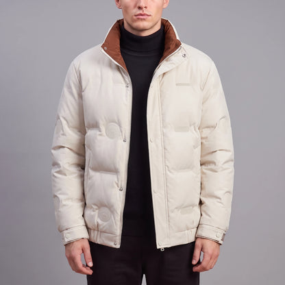 Torvald Down Jacket in cream, men's cream goose down puffer with rust-brown collar lining, worn front view