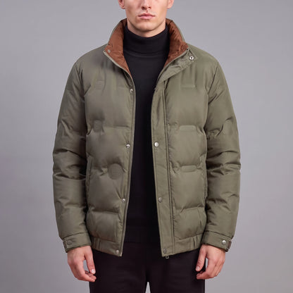 Torvald Down Jacket in green, men's olive goose down puffer with snap placket, worn front view