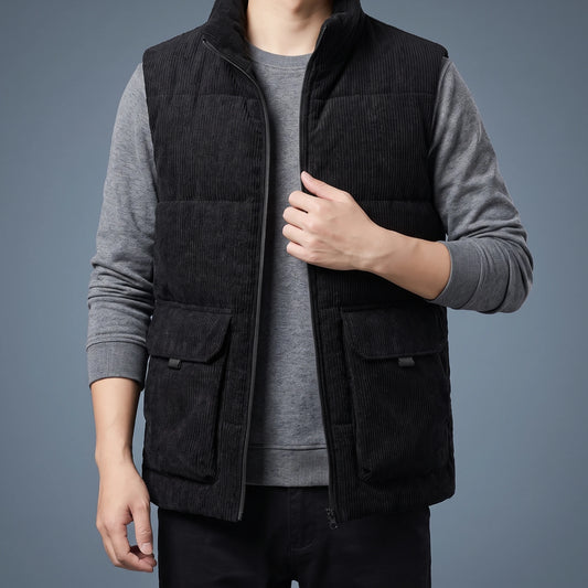 Wexley Cord Vest in black, men's quilted corduroy vest with stand collar and flap pockets