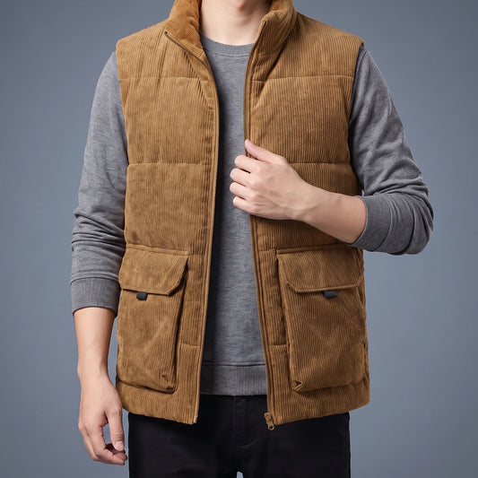 Wexley Cord Vest in camel, men's quilted corduroy vest with stand collar and flap pockets