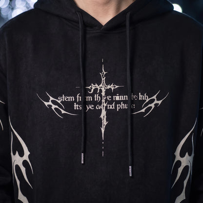 Vaskel Thorn Hoodie close-up detail of the off-white gothic thorn-cross chest print and flat woven drawcords on brushed fleece