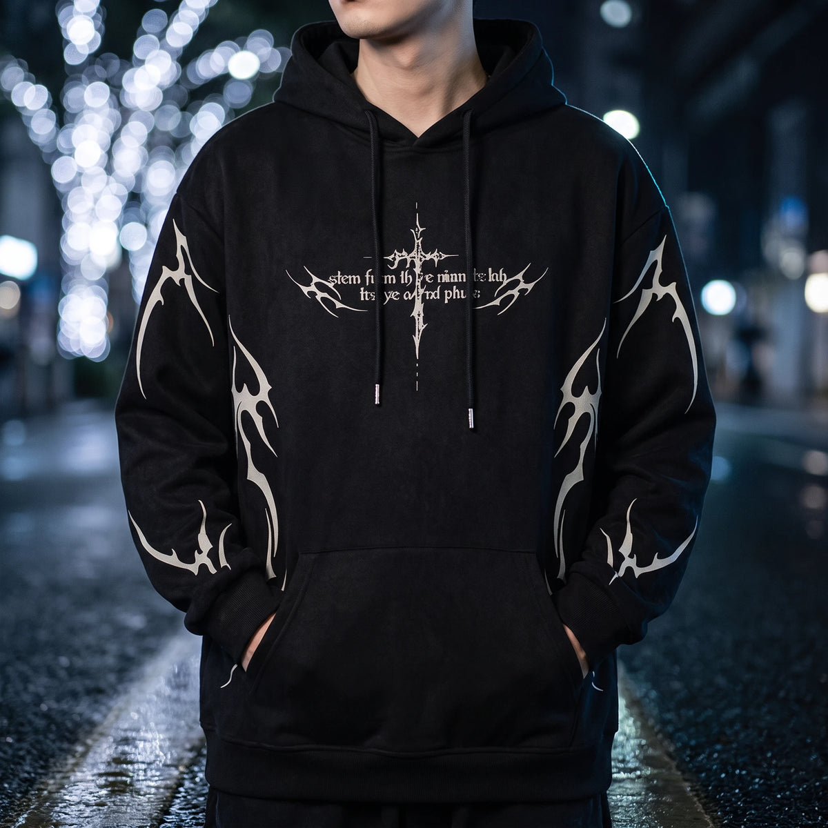 Vaskel Thorn Hoodie in Black, oversized brushed fleece pullover hoodie with off-white gothic thorn-cross chest print and tribal flame sleeve artwork