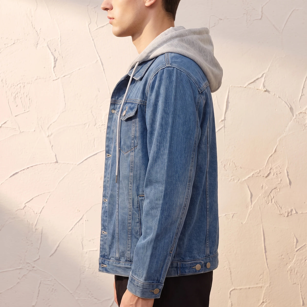 Renvo Trucker Jacket side view showing the buttoned cuff, waist adjuster tab and drop of the open placket