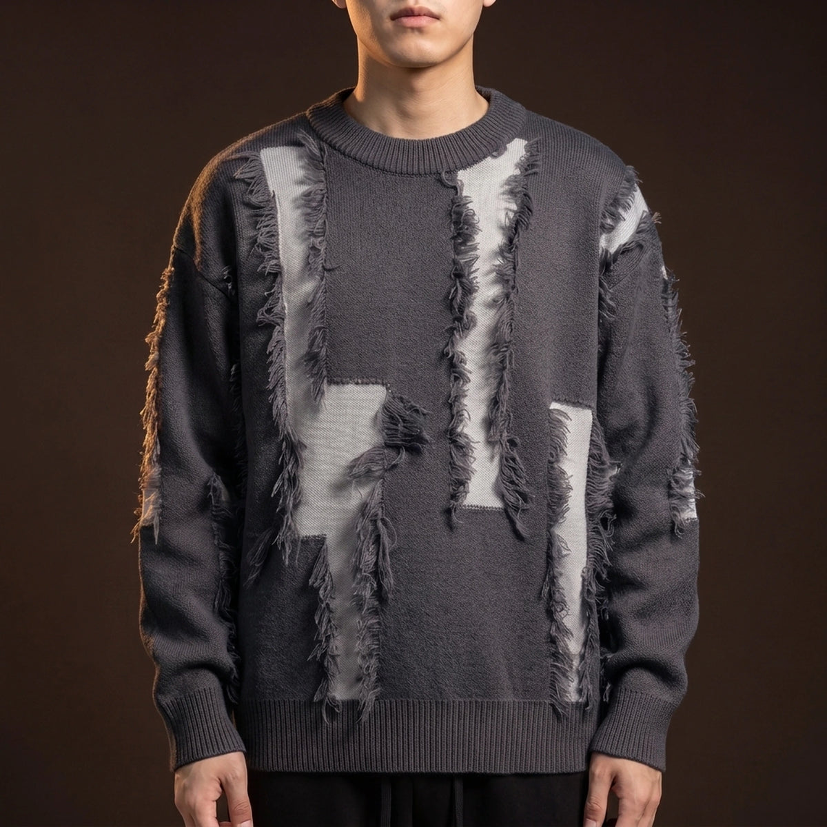 Verrick Distressed Sweater in Grey, oversized crew-neck knit with torn frayed bands and contrast under-layer, worn front view