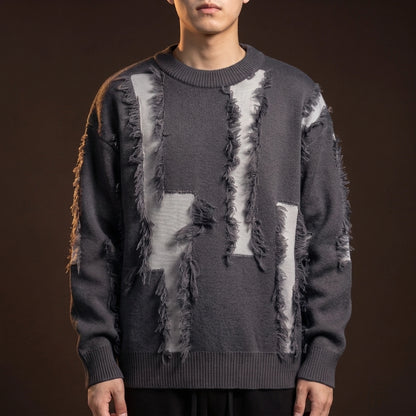 Verrick Distressed Sweater in Grey, oversized crew-neck knit with torn frayed bands and contrast under-layer, worn front view