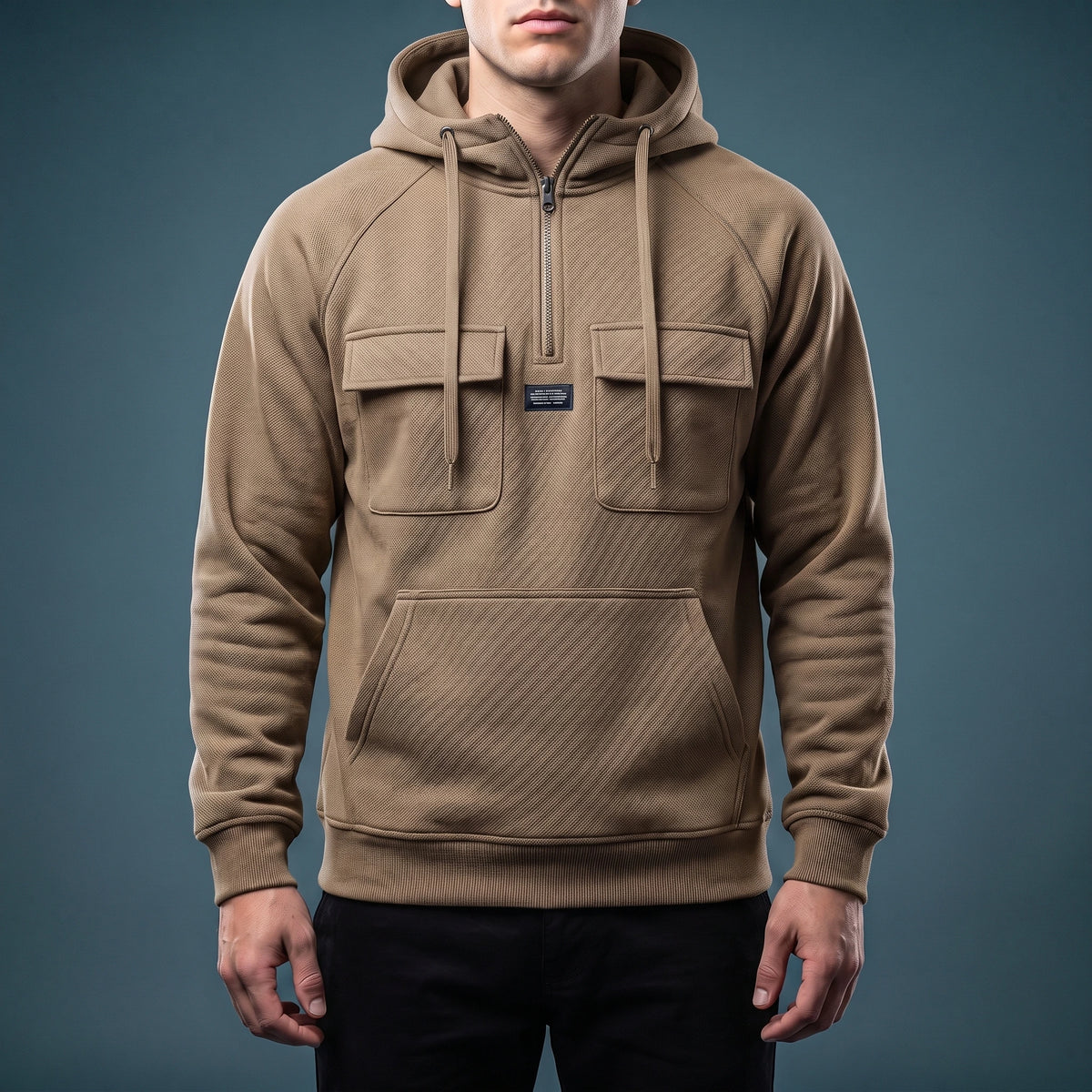 Renholt Utility Hoodie in Khaki - textured knit half-zip hoodie with flap chest pockets worn by a model