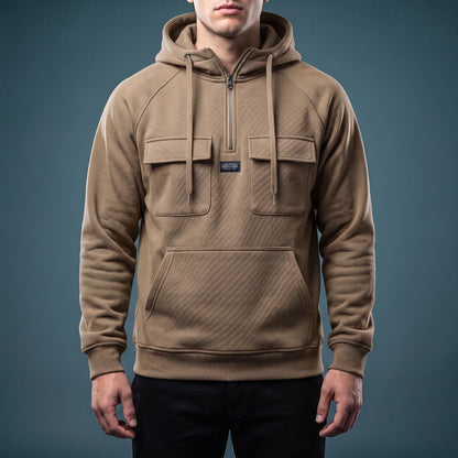 Renholt Utility Hoodie in Khaki - textured knit half-zip hoodie with flap chest pockets worn by a model