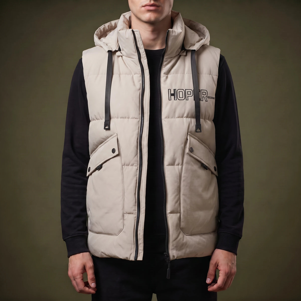 Norvell Hooded Gilet in Beige, oat quilted padded hooded vest with contrast black zip and webbing straps