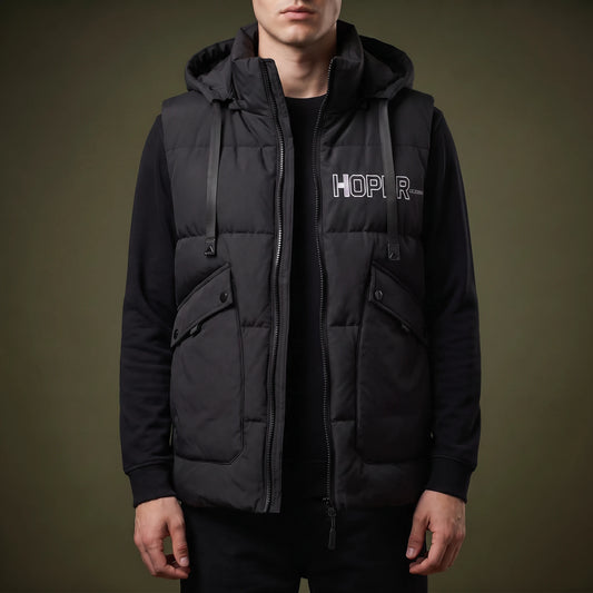 Norvell Hooded Gilet in Black, quilted padded hooded vest with full front zip, flap pockets and webbing straps