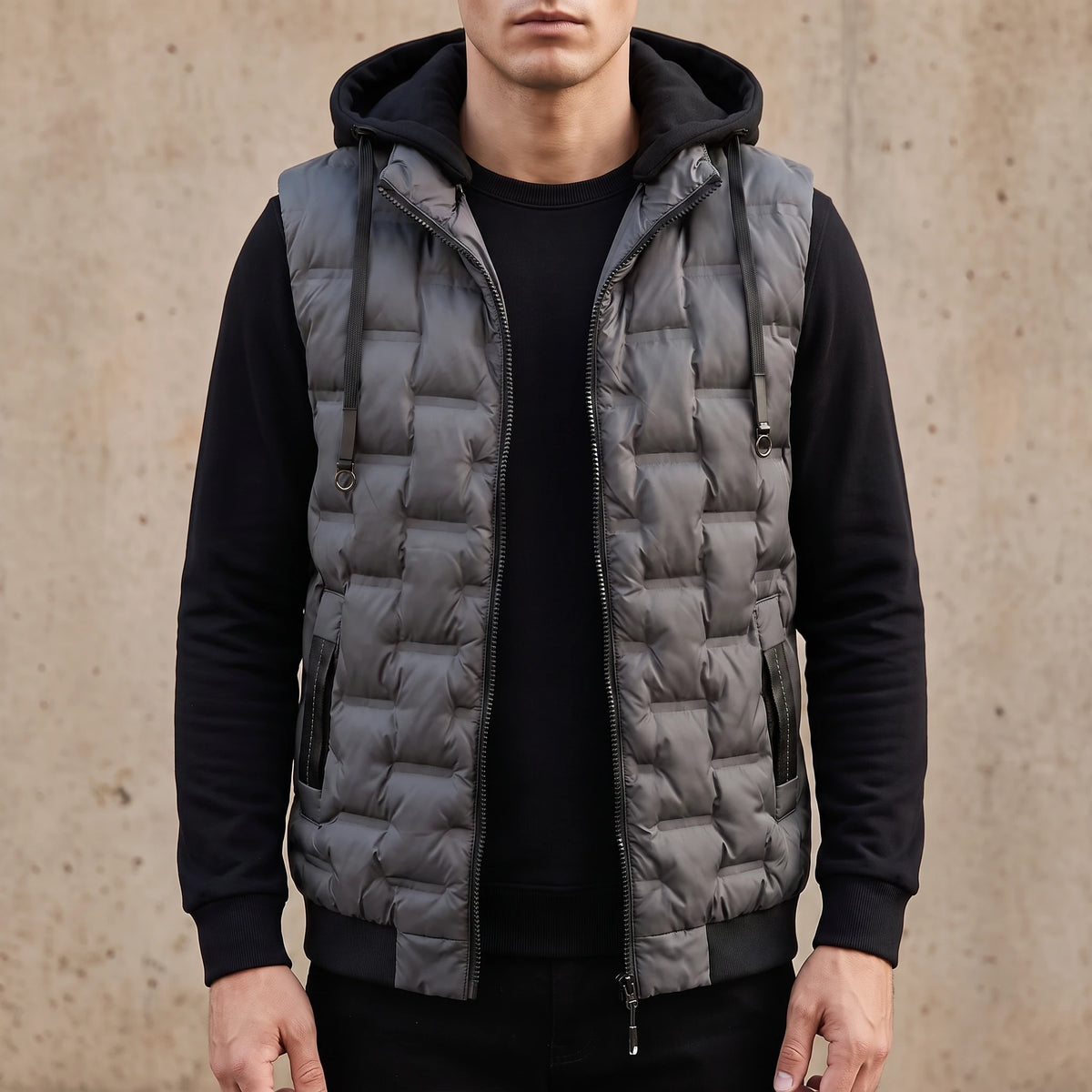 Merrow Padded Vest in Grey, charcoal box-quilted sleeveless puffer vest with a detachable black hood and zip side pockets