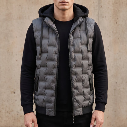 Merrow Padded Vest in Grey, charcoal box-quilted sleeveless puffer vest with a detachable black hood and zip side pockets