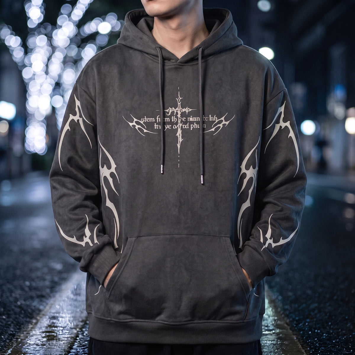 Vaskel Thorn Hoodie in Grey, washed charcoal oversized pullover hoodie with off-white gothic thorn-cross chest print and tribal flame sleeve artwork