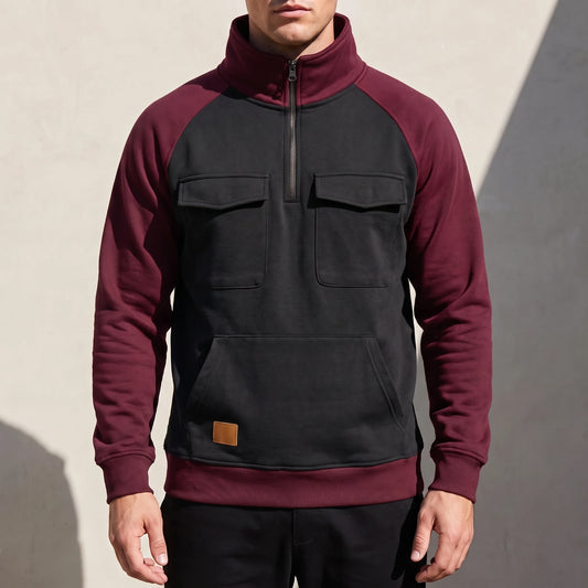 Calvano Half-Zip Sweatshirt in Black - black funnel-neck pullover with burgundy raglan sleeves worn by a model