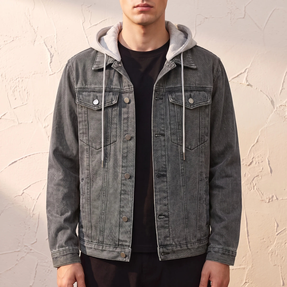 Renvo Trucker Jacket in Grey, washed charcoal denim trucker jacket with a detachable grey jersey hood