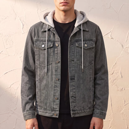 Renvo Trucker Jacket in Grey, washed charcoal denim trucker jacket with a detachable grey jersey hood