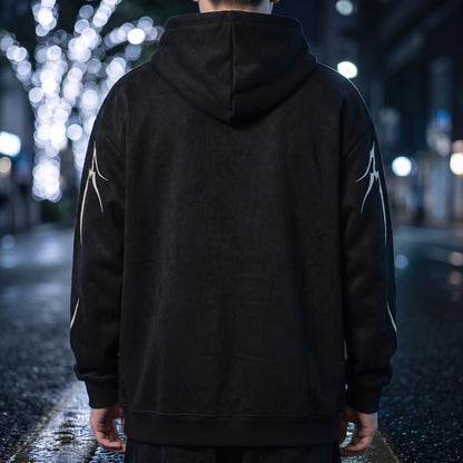 Vaskel Thorn Hoodie in Black, back view showing the plain unprinted back panel, hood down and ribbed hem