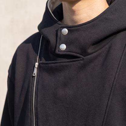 Solteri Collared Hoodie close up of the two silver snap buttons on the storm collar and the top of the asymmetric zip