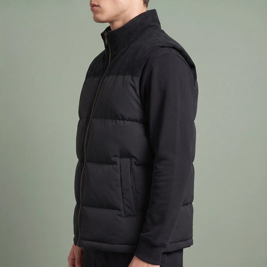 Brancourt Puffer Vest in Black - side view showing the armhole, side seam and quilted baffle depth