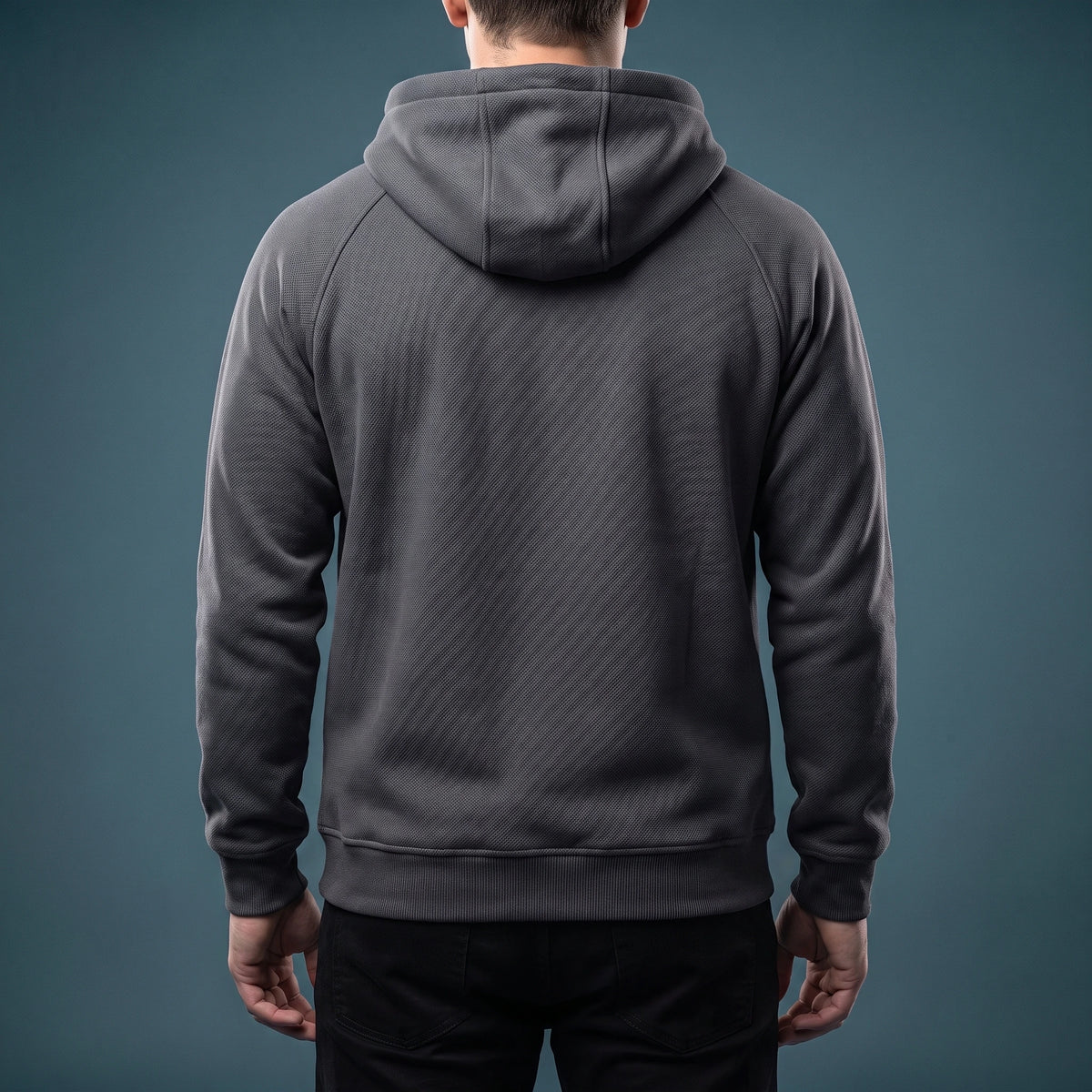 Renholt Utility Hoodie in Charcoal - back view showing plain back panel and hood
