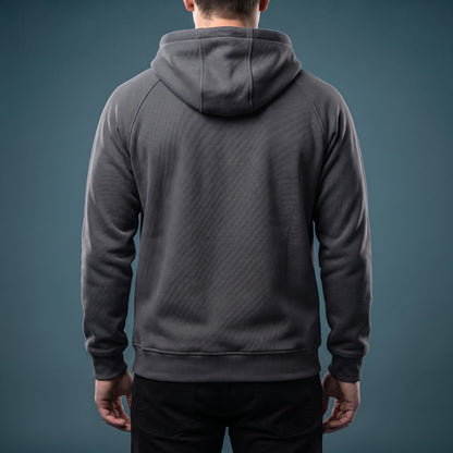 Renholt Utility Hoodie in Charcoal - back view showing plain back panel and hood