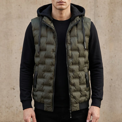 Merrow Padded Vest in Green, army olive box-quilted sleeveless puffer vest with a detachable black hood and full-length zip