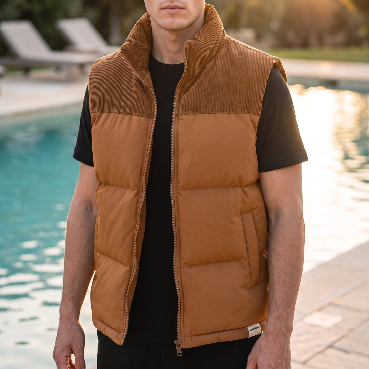 Brancourt Puffer Vest in Tan - quilted sleeveless vest with corduroy stand collar worn by a model poolside