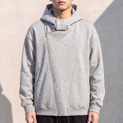 Solteri Collared Hoodie in Grey, oversized bonded fleece hooded jacket with asymmetric diagonal zip and snap storm collar, worn front view