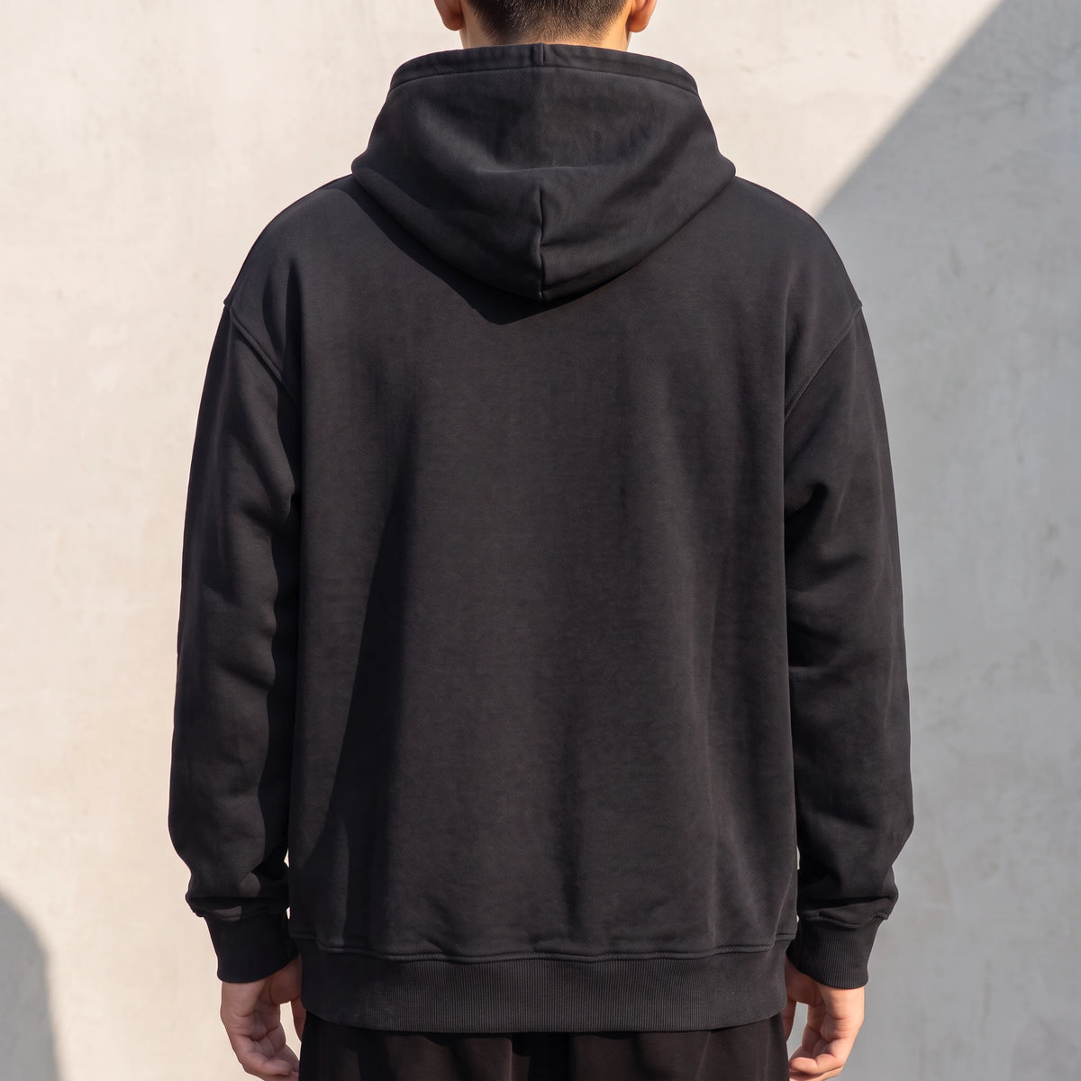 Solteri Collared Hoodie back view showing the plain unprinted back panel and hood