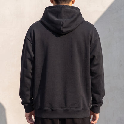 Solteri Collared Hoodie back view showing the plain unprinted back panel and hood