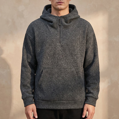Ostrel Textured Hoodie in Charcoal, oversized diagonal-rib knit hoodie with quarter zip, worn front view