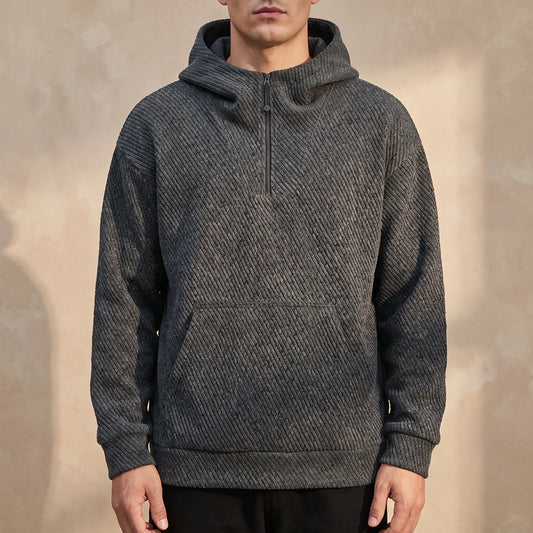 Ostrel Textured Hoodie in Charcoal, oversized diagonal-rib knit hoodie with quarter zip, worn front view